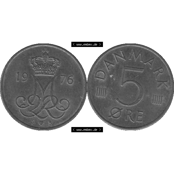 Grau bzw. s/w Alte Münze aus Dänemark als PNG-Grafik 1973-1988, 5 Öre 1976-01. Vorderseite und Rückseite horizontal auf einen digitalen Bild der alten dänischen Umlaufmünze... Sammlung Graustufen
