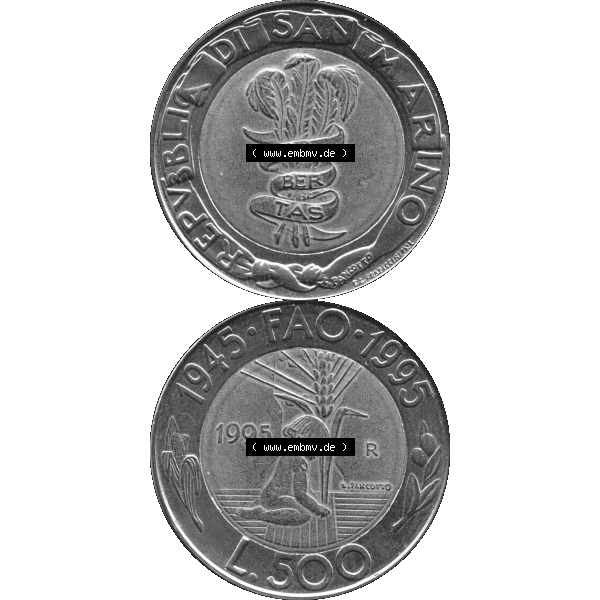Grau bzw. s/w Gedenkmünzen aus San Marino, in PNG 1995-1995, 500 Lire F.A.O. 1995-01. Vorderseite und Rückseite vertikal auf einen digitalen Bild der alten Gedenkmünze... Sammlung Graustufen