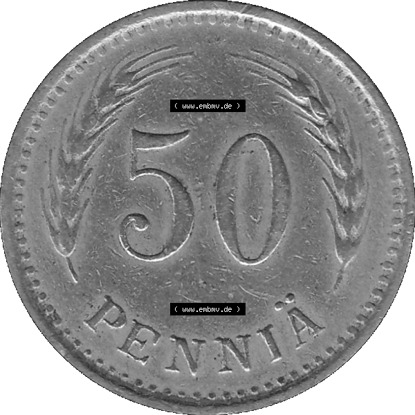 Grau bzw. s/w Alte Münzen KMS Finnland, Kursmünzensatz in PNG Design einer finnischen Münze 1921-1940, 50 Penny, Penniä 1929. Rückseite mit Wert-Zahl bzw. Nennwert... Sammlung Graustufen