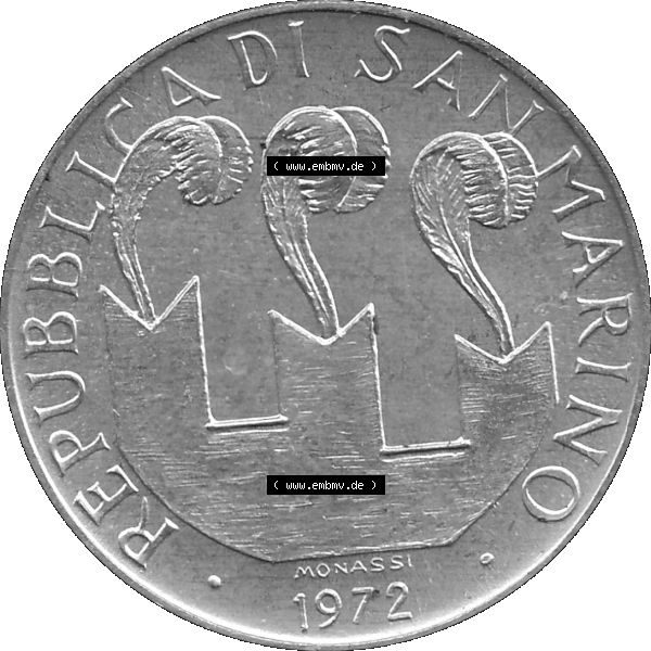 Grau bzw. s/w Bildmaterial in PNG-Grafiken Münzensatz / KMS 1972 aus San Marino 1972-1972, Münze 10 Lire 1972, MONASSI REPUBBLICA DI SAN MARINO, 10 LIRE. Vorderseite als PNG-Grafik... Sammlung Graustufen