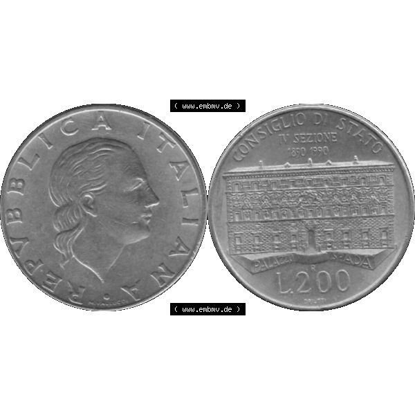 Grau bzw. s/w Bildmaterial einer Münze aus Italien / Italia als PNG-Grafik 1990-1990, 200 Lire Gründung von Staatsrat 1990-01. Vorderseite und Rückseite horizontal auf einen digitalen... Sammlung Graustufen
