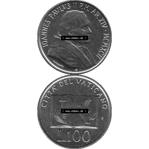 Grau bzw. s/w Alte Münze aus der Vatikanstadt / Vatikan als PNG-Grafik 1992-1992, 100 Lire Papst Giovanni Paolo II 1992-01. Vorderseite und Rückseite vertikal auf einen digitalen Bild der... Sammlung Graustufen