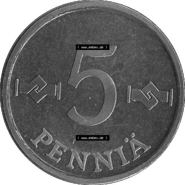 Grau bzw. s/w Alte Münzen KMS Finnland, Kursmünzensatz 1976 in Stempelglanz als digitales Computerbild in transparenten PNG 1963-1977, 5 Penny Penniä 1976-1, SUOMEN TASAVALTA.... Sammlung Graustufen