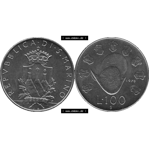 Grau bzw. s/w Bildmaterial Münzensatz / KMS 1979 aus San Marino im PNG-Format 1979-1979, 100 Lire, J.P. LIBERTAS REPVBBLICA DI S. MARINO L.100. Vorderseite und... Sammlung Graustufen