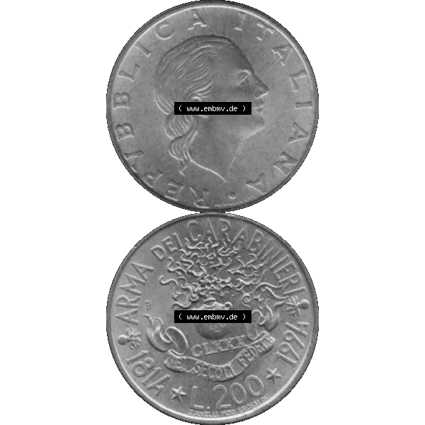 Grau bzw. s/w Bildmaterial einer Münze aus Italien / Italia als PNG-Grafik 1994-1994, 200 Lire 180 Jahre Carabinieri 1994-01. Vorderseite und Rückseite vertikal untereinander auf einen digitalen... Sammlung Graustufen