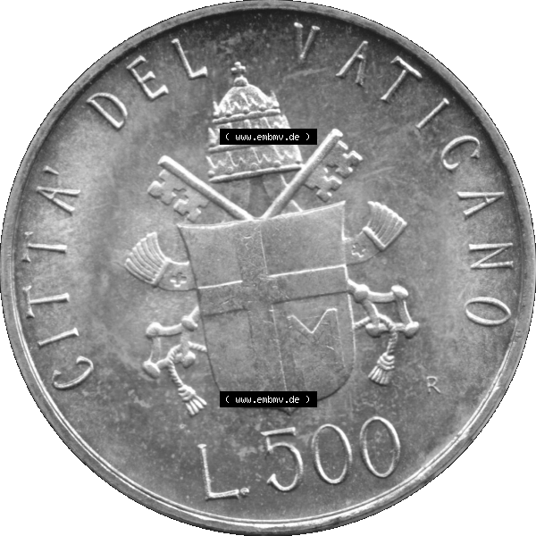 Grau bzw. s/w Alte Münze aus der Vatikanstadt / Vatikan als PNG-Grafik 1981-1981, 500 Lire Silbermünze Papst Johannes Paul II. 1981-01. Rückseite der alten vatikanischen Umlaufmünze... Sammlung Graustufen