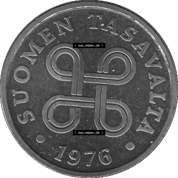 Grau bzw. s/w Alte Münzen KMS Finnland, Kursmünzensatz 1976 in Stempelglanz als digitales Computerbild in transparenten PNG 1963-1977, 5 Penny Penniä 1976-1, SUOMEN TASAVALTA.... Sammlung Graustufen