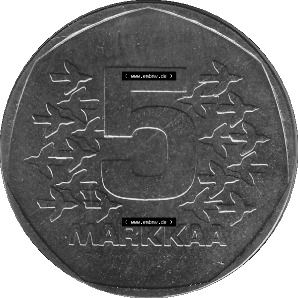 Grau bzw. s/w Alte Münzen KMS Finnland, Kursmünzensatz 1976 in Stempelglanz als digitales Computerbild in transparenten PNG 1972-1978, 5 Finnische Mark, Markkaa 1976-1, SUOMI FINLAND.... Sammlung Graustufen
