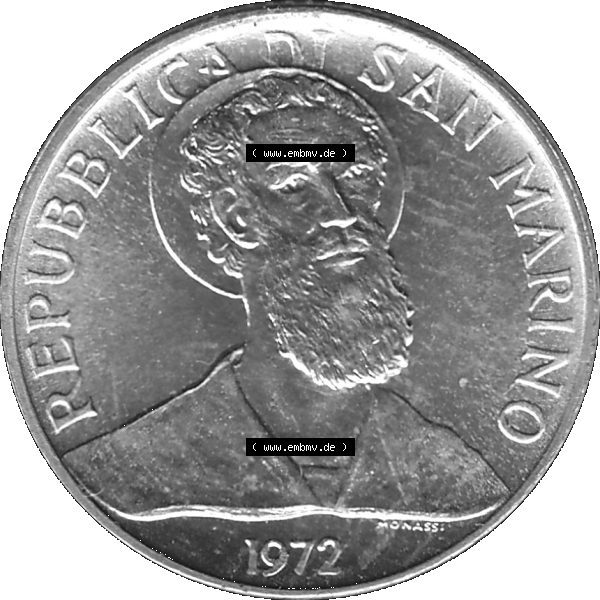 Grau bzw. s/w Bildmaterial in PNG-Grafiken Münzensatz / KMS 1972 aus San Marino 1972-1972, Münze 2 Lire 1972, 2 LIRE MONASSI REPUBBLICA DI SAN MARINO. Vorderseite als PNG-Grafik für... Sammlung Graustufen