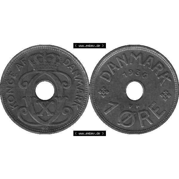 Grau bzw. s/w Alte Münze aus Dänemark als PNG-Grafik 1926-1940, 1 Öre 1936-01 Kursmünze. Vorderseite und Rückseite horizontal auf einen digitalen Bild der alten dänischen Umlaufmünze... Sammlung Graustufen
