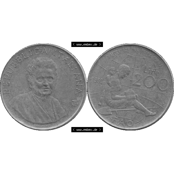 Grau bzw. s/w Bildmaterial einer Münze aus Italien / Italia als PNG-Grafik 1980-1980, 200 Lire FAO - Internationales Jahr der Frau 1980-01. Vorderseite und Rückseite horizontal auf einen digitalen... Sammlung Graustufen