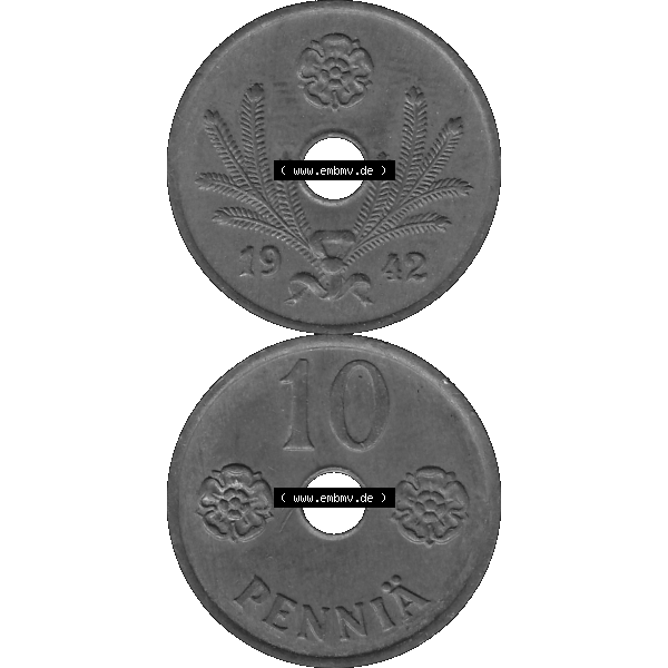 Grau bzw. s/w Alte Münzen KMS Finnland, Kursmünzensatz Finnland in transparenten digitalen PNG-Format 1941-1943, 10 Penny, Penniä Kupfer 1942-1. Die digitalisierte Münze... Sammlung Graustufen