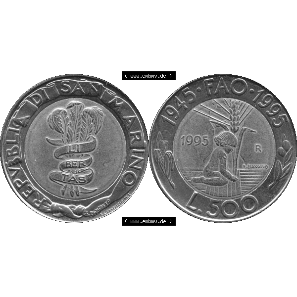 Grau bzw. s/w Gedenkmünzen aus San Marino, in PNG 1995-1995, 500 Lire F.A.O. 1995-01. Vorderseite und Rückseite horizontal auf einen digitalen Bild der alten Gedenkmünze... Sammlung Graustufen