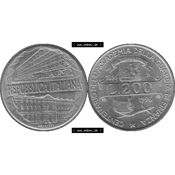 Grau bzw. s/w Bildmaterial einer Münze aus Italien / Italia als PNG-Grafik 1996-1996, 200 Lire Zollakademie 1996-01. Vorderseite und Rückseite horizontal auf einen digitalen Bild einer alten... Sammlung Graustufen