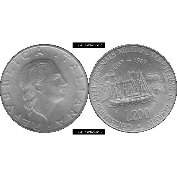 Grau bzw. s/w Bildmaterial einer Münze aus Italien / Italia als PNG-Grafik 1989-1989, 200 Lire Marinebasis Tarent 1989-01. Vorderseite und Rückseite horizontal auf einen digitalen Bild einer... Sammlung Graustufen