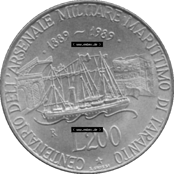 Grau bzw. s/w Bildmaterial einer Münze aus Italien / Italia als PNG-Grafik 1989-1989, 200 Lire Marinebasis Tarent 1989-01. Rückseite einer alten italienischen 200 Lire Gedenkmünze,... Sammlung Graustufen