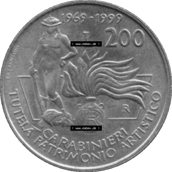 Grau bzw. s/w Bildmaterial einer Münze aus Italien / Italia als PNG-Grafik 1999-1999, 200 Lire Carabinieri, Schutz der Kunsterbe 1999-01. Rückseite einer alten italienischen 200 Lire... Sammlung Graustufen