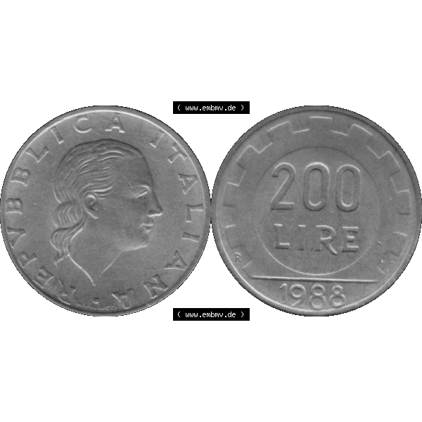 Grau bzw. s/w Bildmaterial einer Münze aus Italien / Italia als PNG-Grafik 1977-2001, 200 Lire, Zahnrad 1988-01. Vorderseite und Rückseite horizontal auf einen digitalen Bild einer alten... Sammlung Graustufen