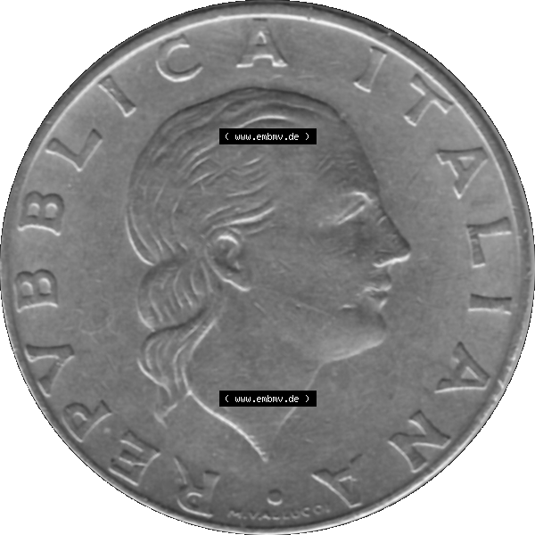 Grau bzw. s/w Bildmaterial einer Münze aus Italien / Italia als PNG-Grafik 1990-1990, 200 Lire Gründung von Staatsrat 1990-01. Vorderseite einer alten italienischen 200 Lire Gedenkmünze,... Sammlung Graustufen