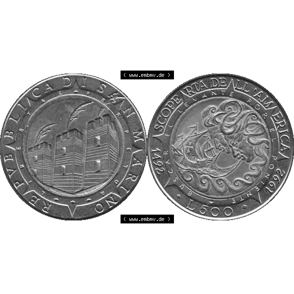Grau bzw. s/w Gedenkmünzen aus San Marino, in PNG 1992-1992, 500 Lire Columbus 1992-01. Vorderseite und Rückseite horizontal auf einen digitalen Bild der alten Gedenkmünze aus San Marino... Sammlung Graustufen