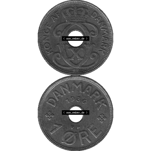 Grau bzw. s/w Alte Münze aus Dänemark als PNG-Grafik 1926-1940, 1 Öre 1936-01 Kursmünze. Vorderseite und Rückseite vertikal auf einen digitalen Bild der alten dänischen Umlaufmünze... Sammlung Graustufen