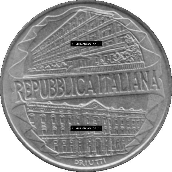 Grau bzw. s/w Bildmaterial einer Münze aus Italien / Italia als PNG-Grafik 1996-1996, 200 Lire Zollakademie 1996-01. Vorderseite einer alten italienischen 200 Lire Gedenkmünze, Münze... Sammlung Graustufen