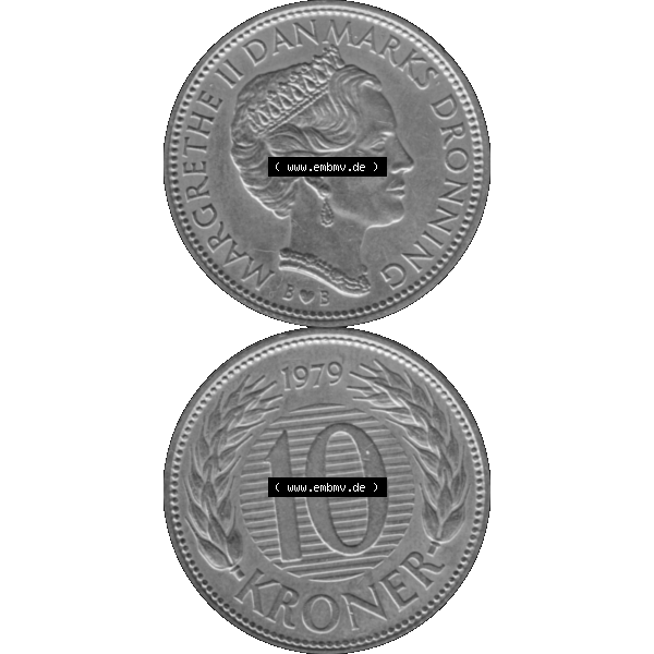 Grau bzw. s/w Alte Münze aus Dänemark als PNG-Grafik 1979-1988, 10 Kronen 1979-01. Vorderseite und Rückseite vertikal auf einen digitalen Bild der alten dänischen Umlaufmünze aus... Sammlung Graustufen