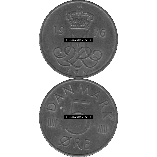 Grau bzw. s/w Alte Münze aus Dänemark als PNG-Grafik 1973-1988, 5 Öre 1976-01. Vorderseite und Rückseite vertikal auf einen digitalen Bild der alten dänischen Umlaufmünze aus... Sammlung Graustufen