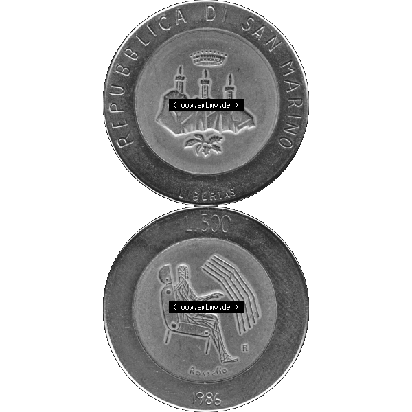 Grau bzw. s/w Gedenkmünzen aus San Marino, in PNG 1986-1986, 500 Lire Revolution der Technologie 1986-01. Vorderseite und Rückseite vertikal auf einen digitalen Bild der alten Gedenkmünze... Sammlung Graustufen