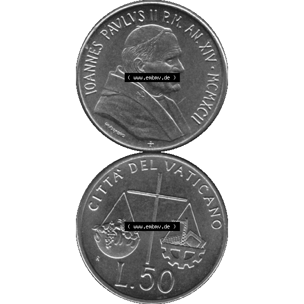 Grau bzw. s/w Alte Münze aus der Vatikanstadt / Vatikan als PNG-Grafik 1992-1992, 50 Lire Papst Giovanni Paolo II. 1992-01. Vorderseite und Rückseite vertikal auf einen digitalen Bild... Sammlung Graustufen