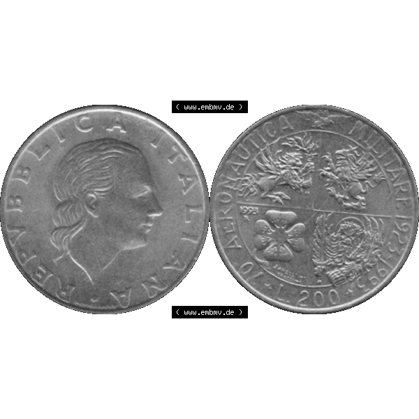 Grau bzw. s/w Bildmaterial einer Münze aus Italien / Italia als PNG-Grafik 1993-1993, 200 Lire Militärischen Luftfahrt 1993-01. Vorderseite und Rückseite horizontal auf einen digitalen... Sammlung Graustufen