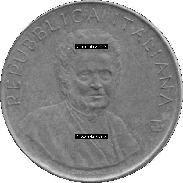 Grau bzw. s/w Bildmaterial einer Münze aus Italien / Italia als PNG-Grafik 1980-1980, 200 Lire FAO - Internationales Jahr der Frau 1980-01. Vorderseite einer alten italienischen 200 Lire Gedenkmünze,... Sammlung Graustufen