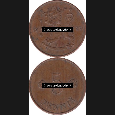 Alte Münzen KMS Finnland, Kursmünzensatz Pro-Version als JPG-Bild einer finnischen Münze Design 1918-1940, 5 Penny, Penniä 1927 (8). Etwas bessere... Sammlung