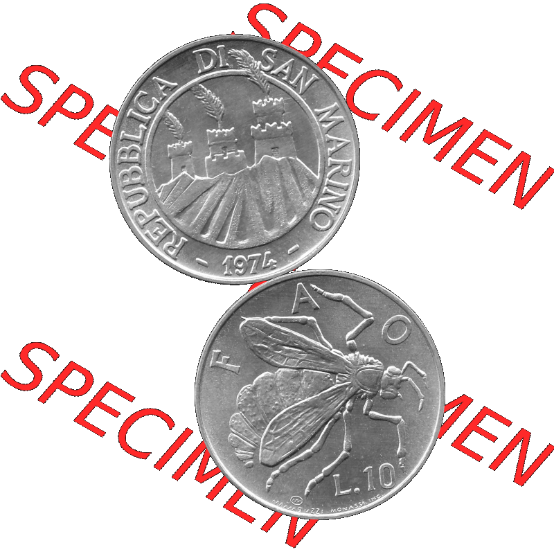 Bildmaterial Münzensatz / KMS 1974 aus San Marino in Graustufen 1974-1974, 10 Lire, L.10 MINGUZZI MONASSI INC. Graustufen. PNG Computer-Grafik in Graustufen-PNG... Sammlung