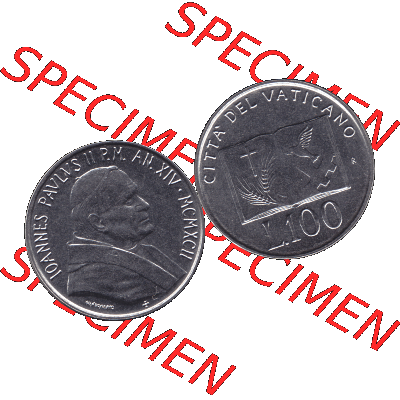 Alte Münze aus der Vatikanstadt / Vatikan als PNG-Grafik 1992-1992, 100 Lire Papst Giovanni Paolo II 1992-01. Vorderseite und Rückseite horizontal auf einen digitalen Bild der... Sammlung