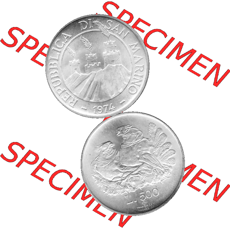 Bildmaterial Münzensatz / KMS 1974 aus San Marino in Graustufen 1974-1974, 50 Lire Silbermünze, L.500 MINGUZZI MONASSI INC. Graustufen. PNG Computer-Grafik... Sammlung
