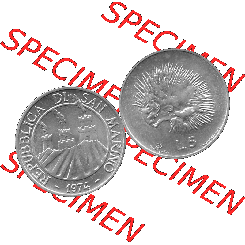 Bildmaterial Münzensatz / KMS 1974 aus San Marino in Graustufen 1974-1974, 5 Lire, L.5 MINGUZZI MONASSI INC. Graustufen. PNG Computer-Grafik in Graustufen einer... Sammlung
