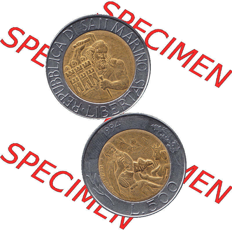 Gedenkmünzen aus San Marino, in PNG 1994-1994, 500 Lire Steinmetz mit Hammer und Meißel Rauchtürme -1994-01. Vorderseite und Rückseite vertikal auf einen digitalen... Sammlung