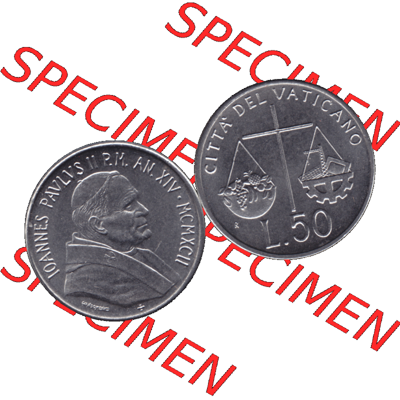 Alte Münze aus der Vatikanstadt / Vatikan als PNG-Grafik 1992-1992, 50 Lire Papst Giovanni Paolo II. 1992-01. Vorderseite und Rückseite horizontal auf einen digitalen... Sammlung