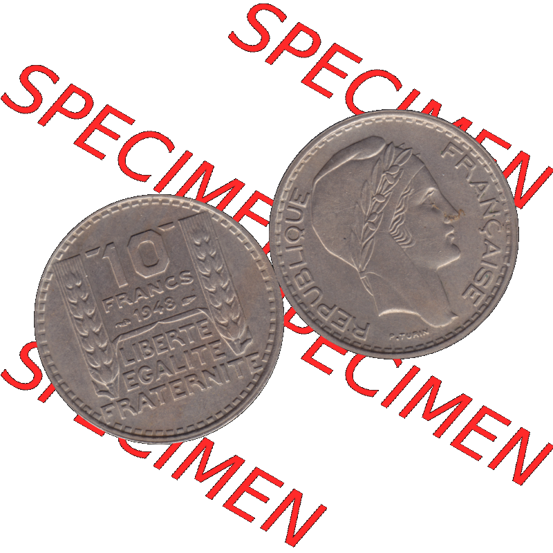 Münzen Frankreich Umlaufmünze in PNG einer Münze aus Frankreich 1947-1949, 10 Francs, Franken 1948-01. Vorderseite und Rückseite horizontal auf einen digitalen Bild... Sammlung