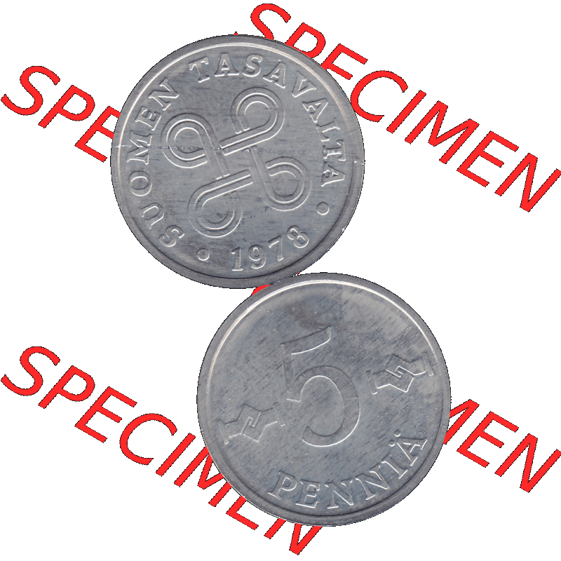 Alte Münzen KMS Finnland, Kursmünzensatz 1978 in Stempelglanz als digitales Computerbild einer finnischen digitalisierten Münze in transparenten PNG 1977-1990, 5 Penny,... Sammlung
