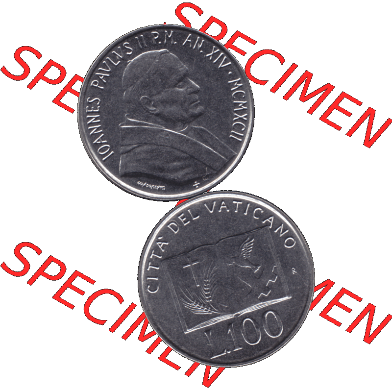 Alte Münze aus der Vatikanstadt / Vatikan als PNG-Grafik 1992-1992, 100 Lire Papst Giovanni Paolo II 1992-01. Vorderseite und Rückseite vertikal auf einen digitalen Bild der... Sammlung