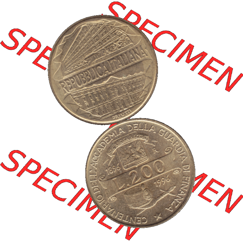 Bildmaterial einer Münze aus Italien / Italia als PNG-Grafik 1996-1996, 200 Lire Zollakademie 1996-01. Vorderseite und Rückseite vertikal untereinander auf einen digitalen Bild... Sammlung