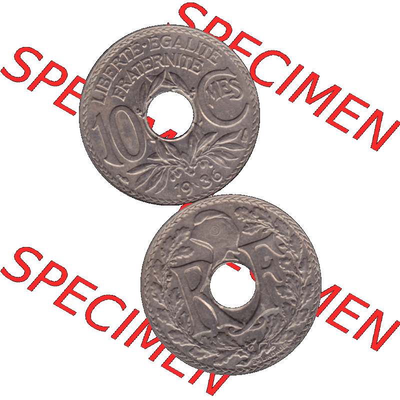 Münzen Frankreich Umlaufmünze in PNG einer Münze aus Frankreich 1917-1938, 10 Centimes, Cent 1936-01. Vorderseite und Rückseite vertikal auf einen digitalen Bild... Sammlung