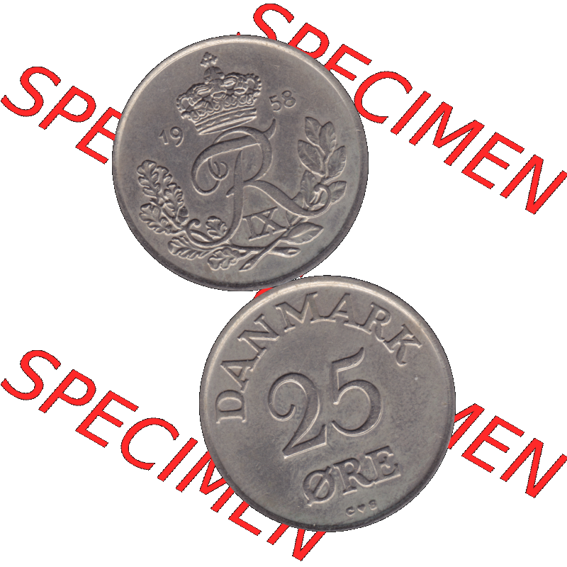 Alte Münze aus Dänemark als PNG-Grafik 1948-1960, 25 Öre 1958-01. Vorderseite und Rückseite vertikal auf einen digitalen Bild der alten dänischen Umlaufmünze... Sammlung