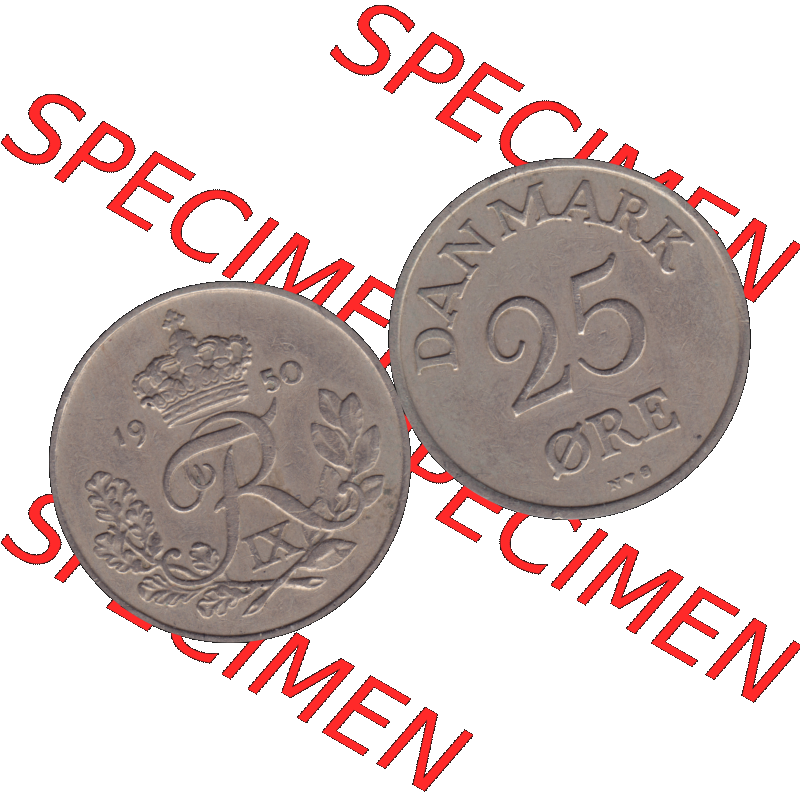 Alte Münze aus Dänemark als PNG-Grafik 1948-1960, 25 Öre 1950-01. Vorderseite und Rückseite horizontal auf einen digitalen Bild der alten dänischen Umlaufmünze... Sammlung