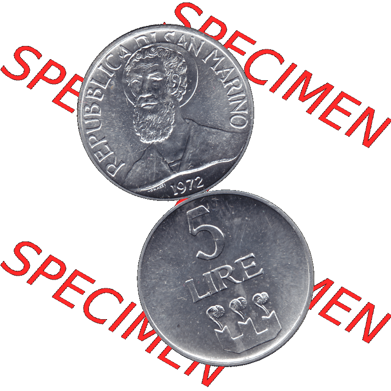 Bildmaterial in PNG-Grafiken Münzensatz / KMS 1972 aus San Marino 1972-1972, Münze 5 Lire, 1972, LIRE MONASSI REPUBBLICA DI SAN MARINO. Die digitalisierte Münze... Sammlung