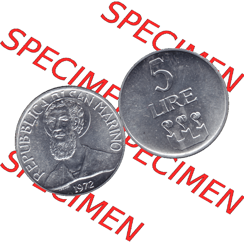Bildmaterial in PNG-Grafiken Münzensatz / KMS 1972 aus San Marino 1972-1972, Münze 5 Lire, 1972, LIRE MONASSI REPUBBLICA DI SAN MARINO. Die digitalisierte Münze... Sammlung