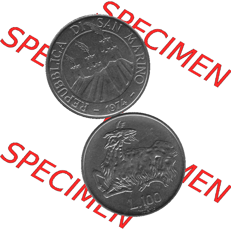 Bildmaterial Münzensatz / KMS 1974 aus San Marino in Graustufen 1974-1974, 100 Lire, L.100 MINGUZZI MONASSI INC. Graustufen. PNG Computer-Grafik in Graustufen-PNG... Sammlung