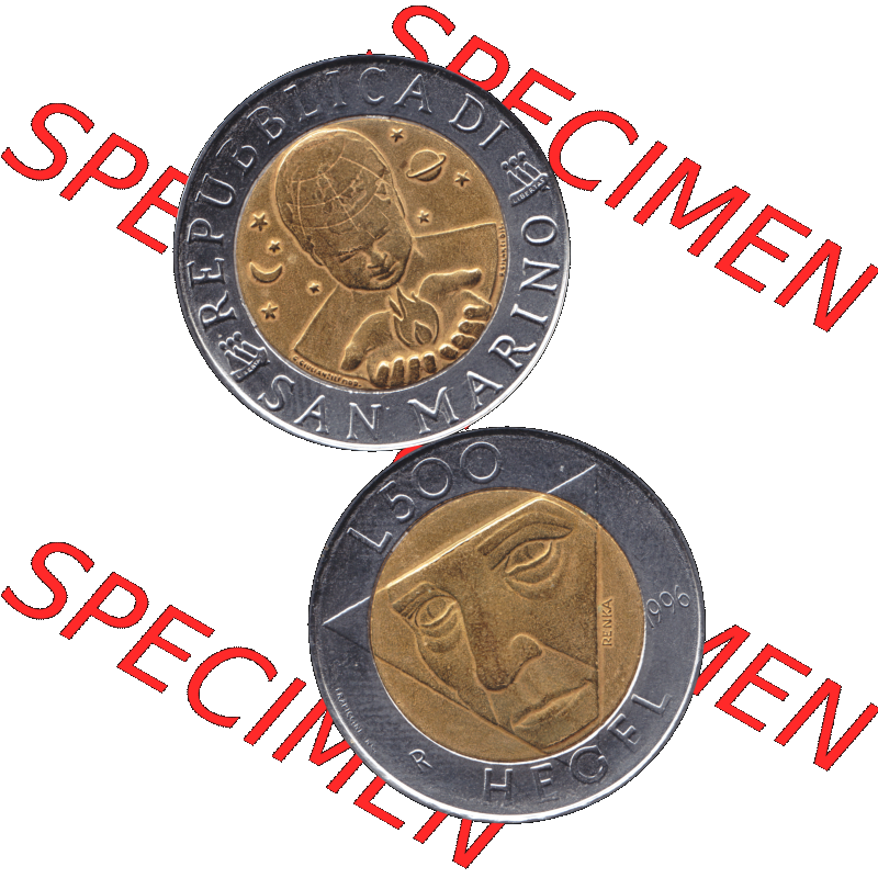Gedenkmünzen aus San Marino, in PNG 1996-1996, 500 Lire Die Künste 1996-01. Vorderseite und Rückseite vertikal auf einen digitalen Bild der alten Gedenkmünze aus... Sammlung